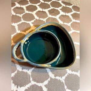 Ceramic Teal and Tan Serving Piece. Unique pottery for serving dips, fruit chips
